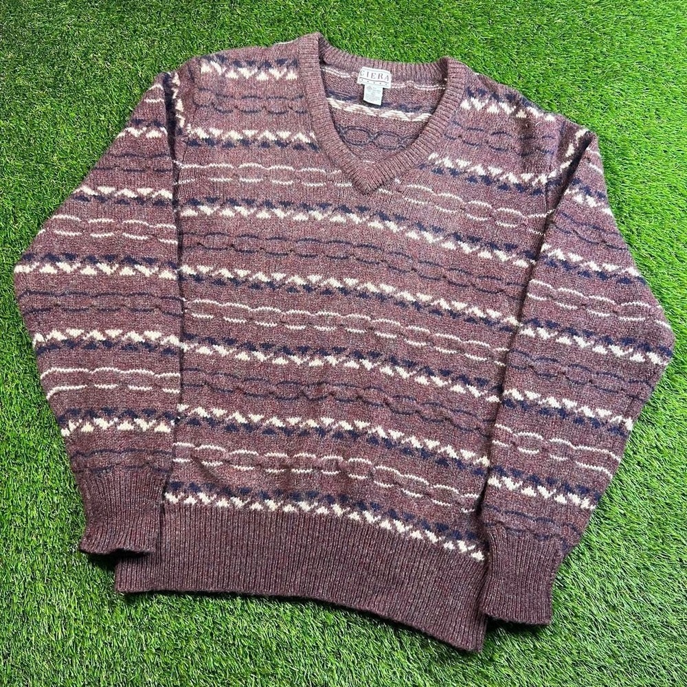 Vintage Ciera 100% Wool Nordic Fair Isle Sweater XL Brown Pink Gray 90s Knitwear